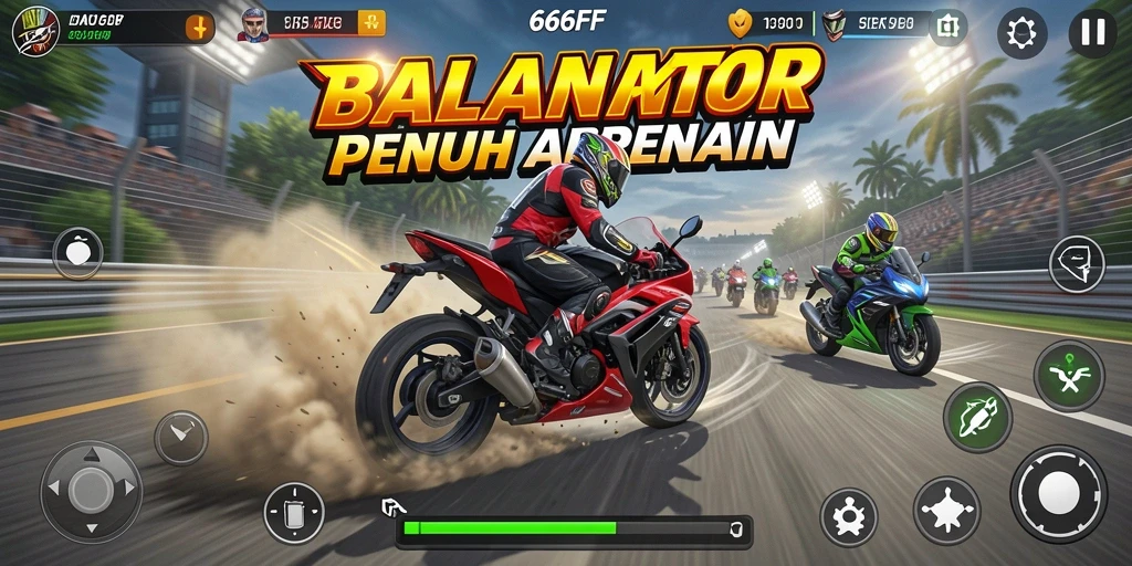 Tampilan aksi balapan seru dalam 666FF dengan motor cepat dan lintasan menantang.