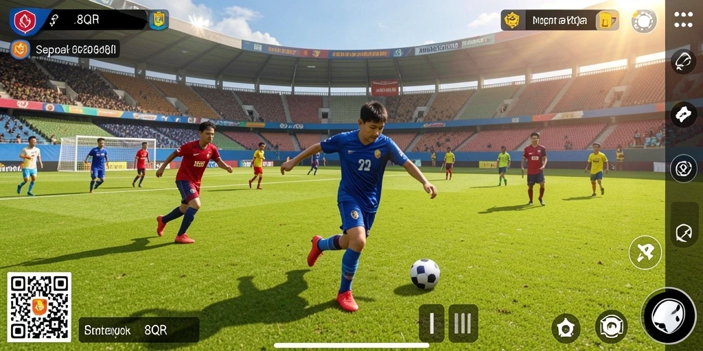 Tampilan gameplay seru dalam 8QR dengan aksi sepak bola yang mendebarkan.