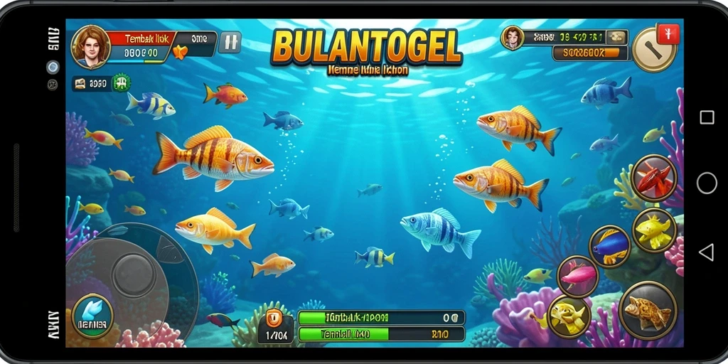 Screenshot gameplay BULANTOGEL menampilkan serunya menembak berbagai ikan.