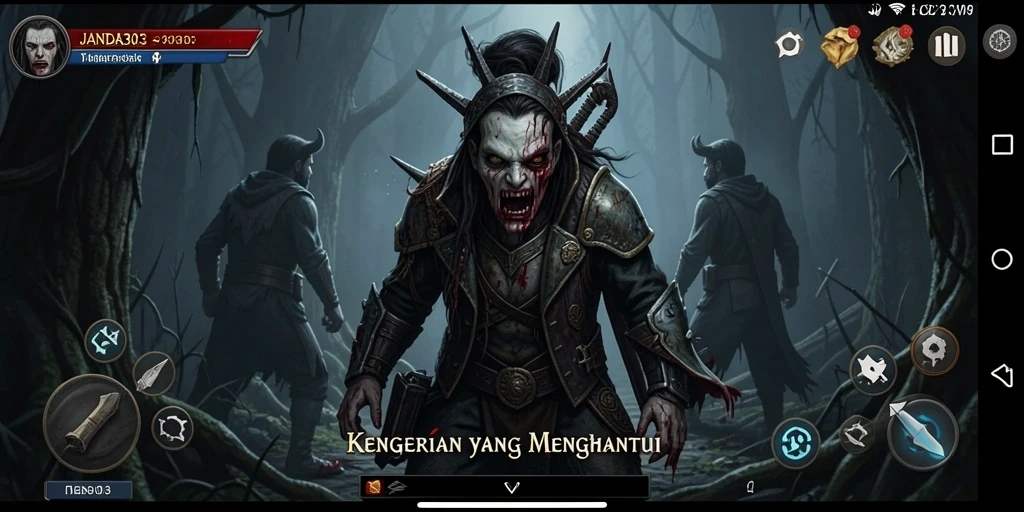 Screenshot JANDA303 menampilkan suasana mencekam dan karakter menyeramkan.