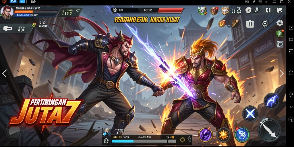 Tampilan gameplay JUTA7 dengan pertarungan seru dan karakter kuat.
