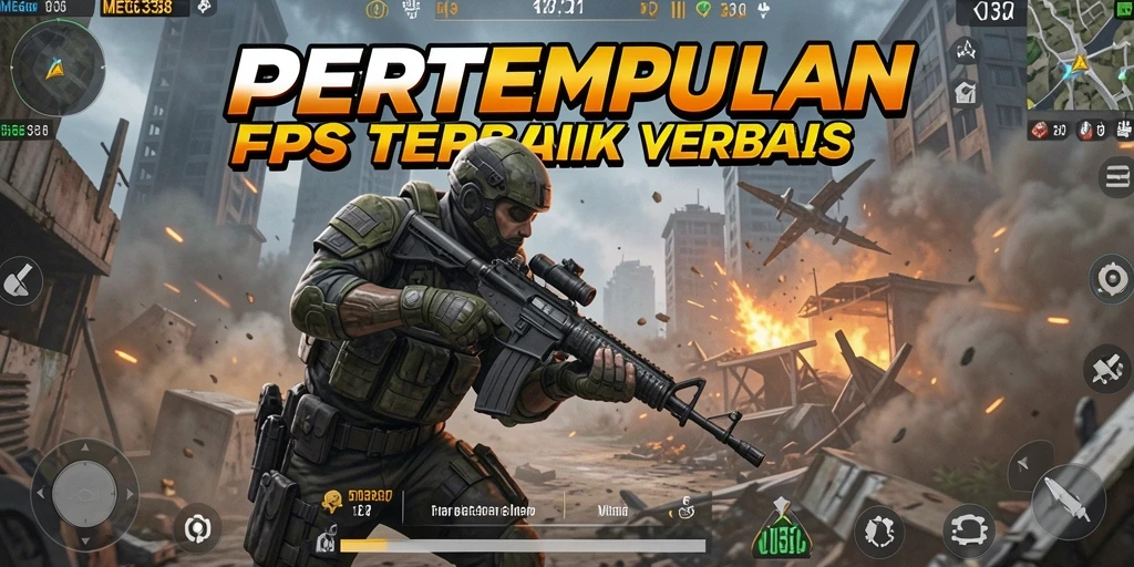 Screenshot utama MEGA338 menampilkan aksi pertempuran intens dalam game FPS.