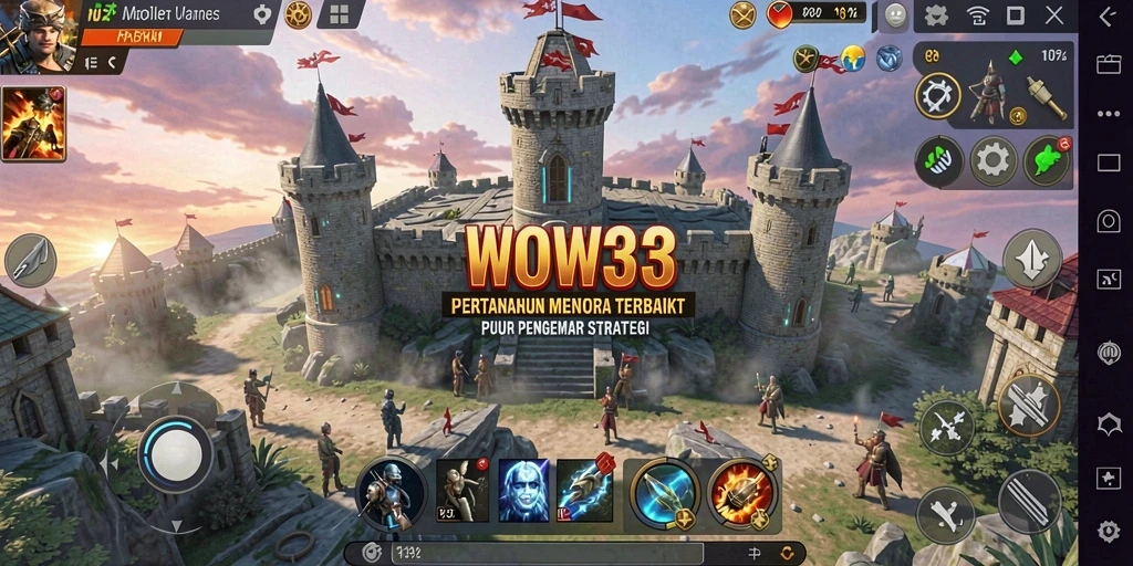 Screenshot WOW33 menampilkan strategi menara yang mendebarkan melawan gelombang musuh.