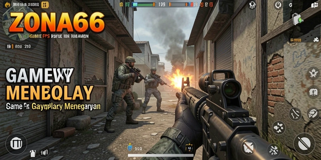 Tangkapan layar gameplay ZONA66 yang menunjukkan aksi menembak yang seru.